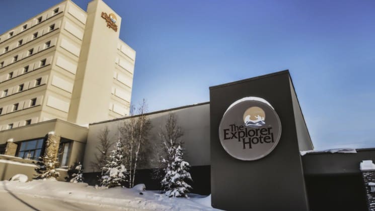 Exterior of Explorer Hotel in Yellowknife, Northwest Territories, with snow on ground