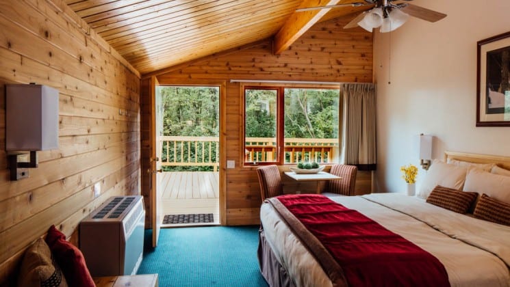Cabin with king bed, ceiling fan, AC unit, large window and door open at Denali Backcountry Lodge in Kantishna, Alaska