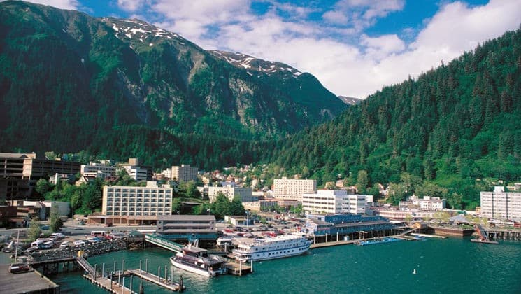 Waterfront of Juneau, Alaska, with Four Points by Sheraton visible among other downtown buildings