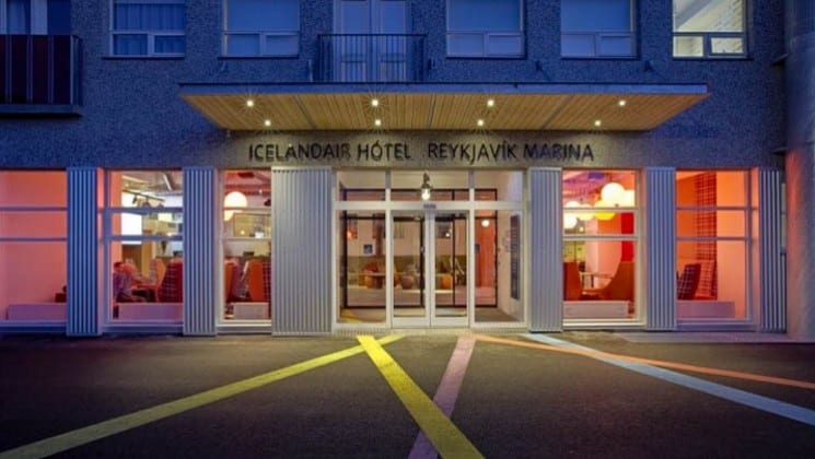 The entrance to the Icelandair Reykjavik Marina Hotel, a contemporary accommodation set in the art district with views of the harbor.
