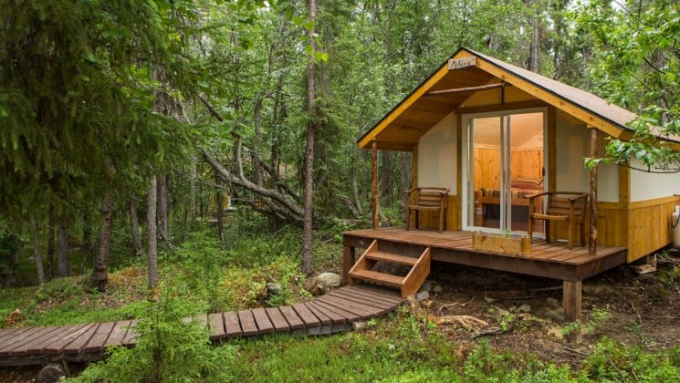 The exterior of a private cabin at the Kenai Backcountry Lodge, an off-the-grid hotel in Alaska's wilderness that is surrounded by dense forest