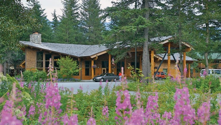Beneath tall pine trees with lupins and wildflowers in the foreground, the Seward Windsong Lodge is an exceptional Alaska wilderness retreat.