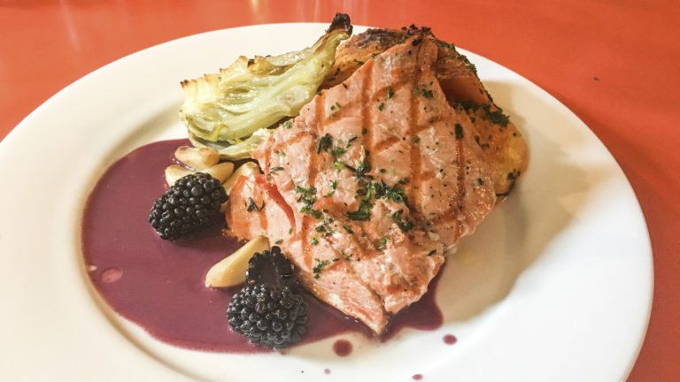Fresh cooked Alaskan Salmon with blueberry sauce served aboard Ursus.