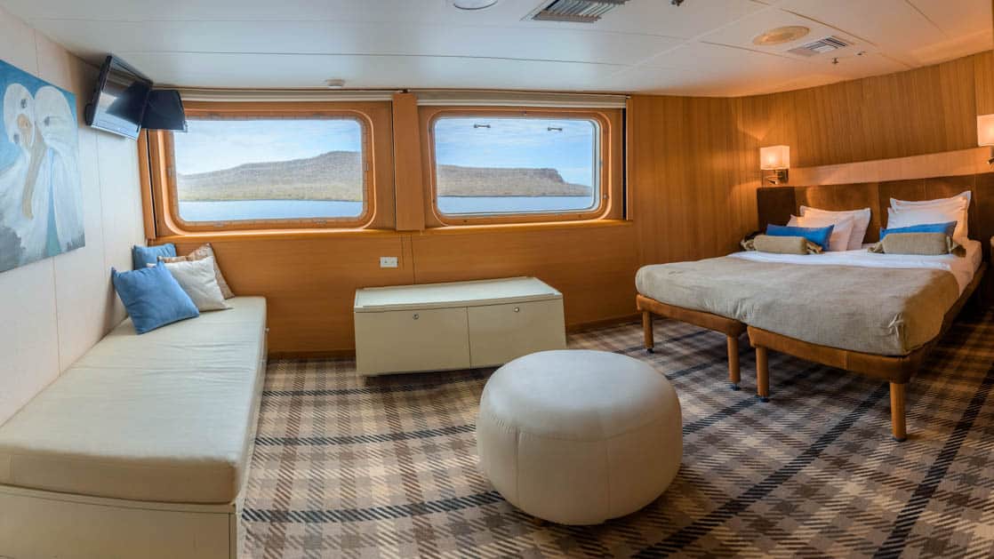 galapagos legend junior suite plus cabin with couch, two windows, plaid carpet and double bed