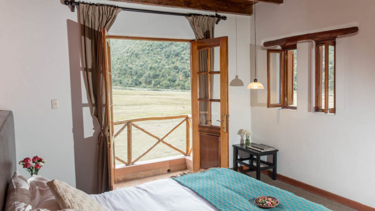A room with a private balcony feels like a large, high-end Peruvian home at the Salkantay Lodge and Adventure Resort, one of four hotels at the Mountain Lodges of Peru on the Inca Trail to Machu Picchu.