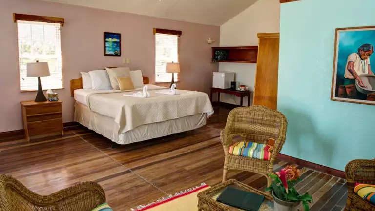 One of the deluxe cabanas at the Blackbird Caye Resort in Belize with one queen bed, a wicker chair, colorful accents.