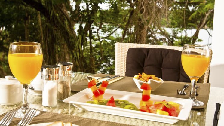 A tropical, complimentary breakfast with fresh fruit and juice is served every morning at the Bocas del Mar, located on Panama's coast