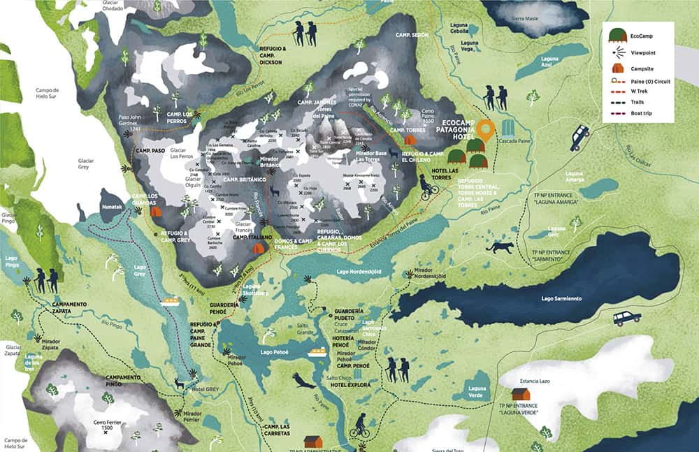 illustrated green, grey and blue map showing Patagonia's Torres del Paine National Park and the site of EcoCamp domes