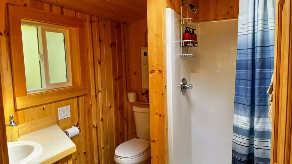 Modern guest cabin bathroom at Kenai Backcountry Lodge