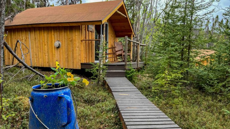 Blue coffee pot with flowers sits by wood walkway to guest cabin at Kenai Backcountry Lodge with wood panels & front porch.