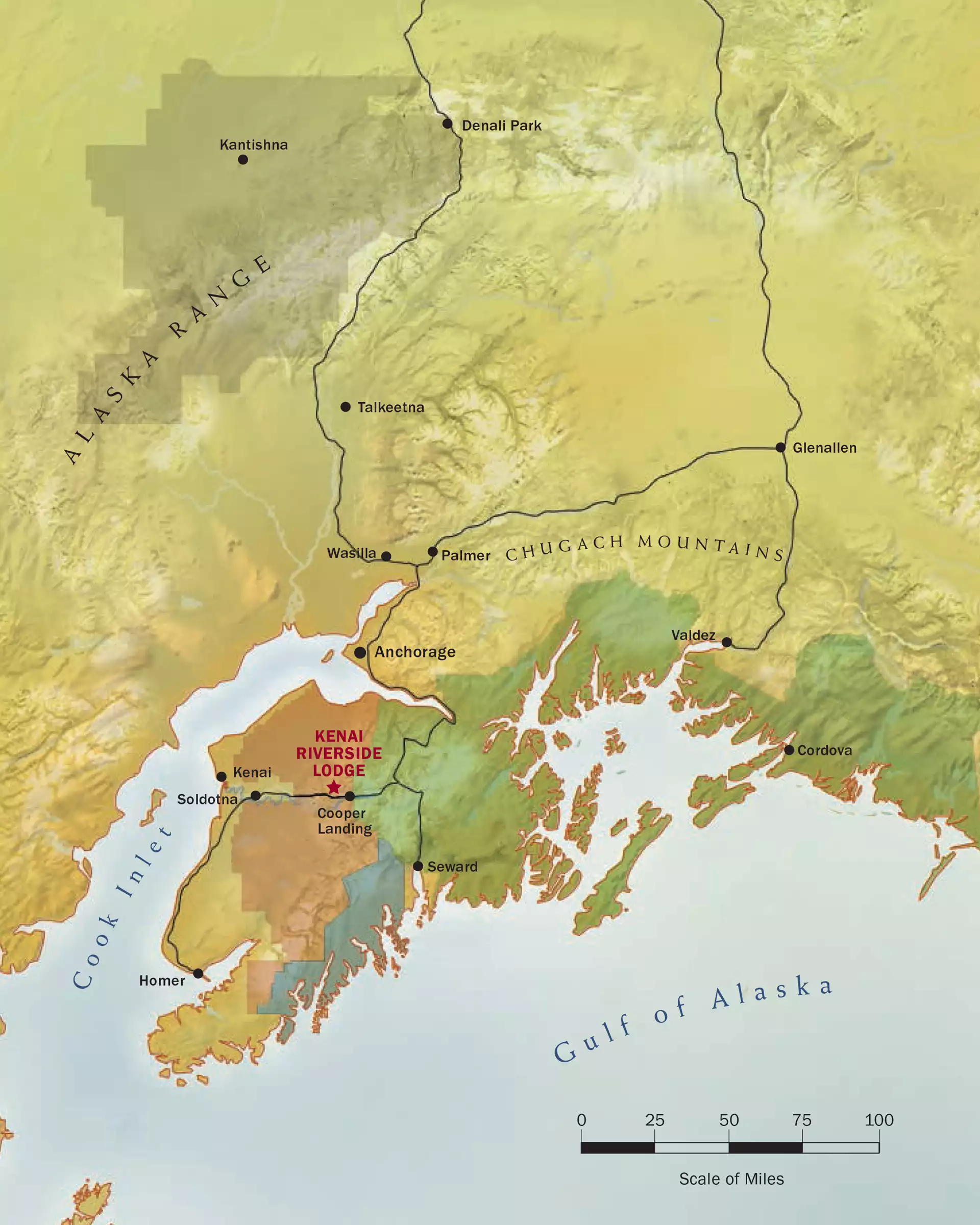 Location map of Kenai Riverside Lodge in southcentral Alaska.