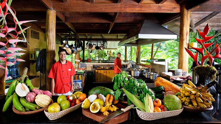A spread of vegetables and fruit is set up for a meal at the Pacure Lodge, a boutique luxury hotel in Costa Rica
