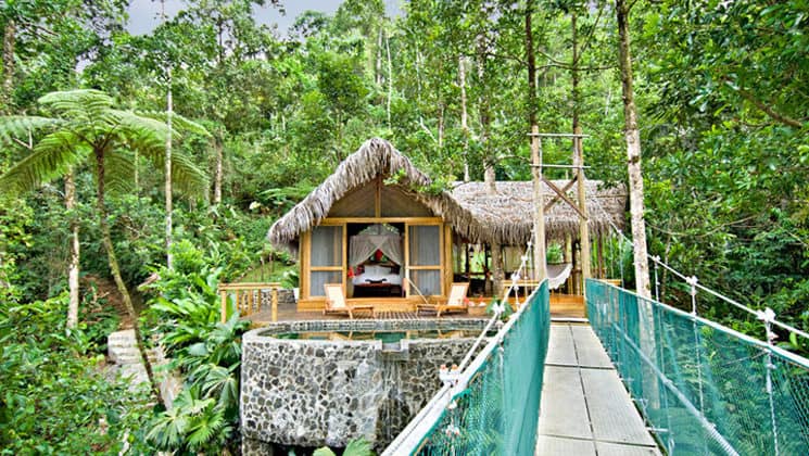 A suspension bridge 60 feet above the jungle floor leads to a suite called The Nest at the Pacuare Lodge, a sustainable hotel in Costa Rica