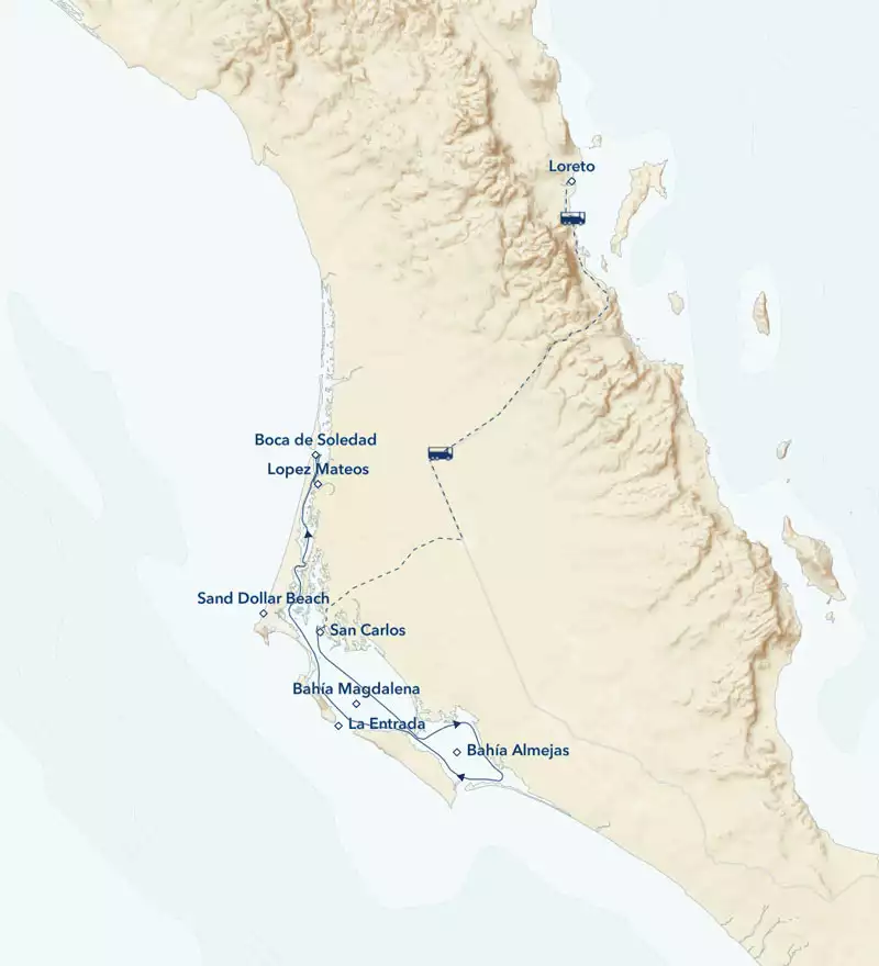 Route map of Wild Baja California Escape: The Whales of Magdalena Bay cruise, round-trip from San Carlos with overland transfers linking Loreto.