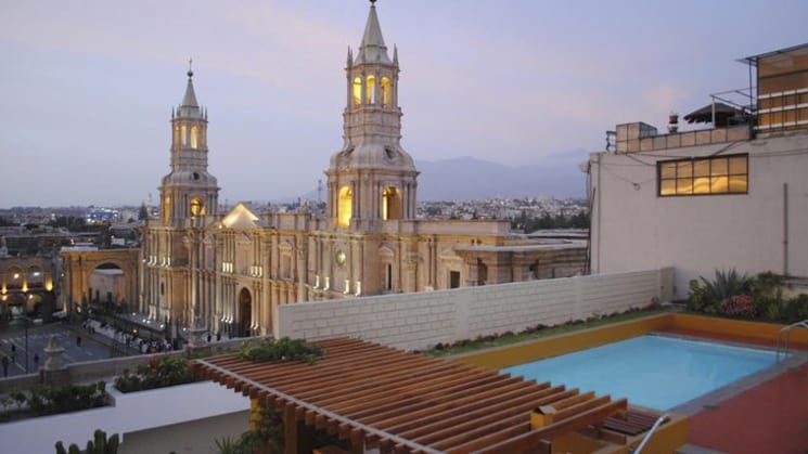 A view of Arequipa, with the pool in the foreground, from Sonesta Posada Del Inca, a boutique hotel