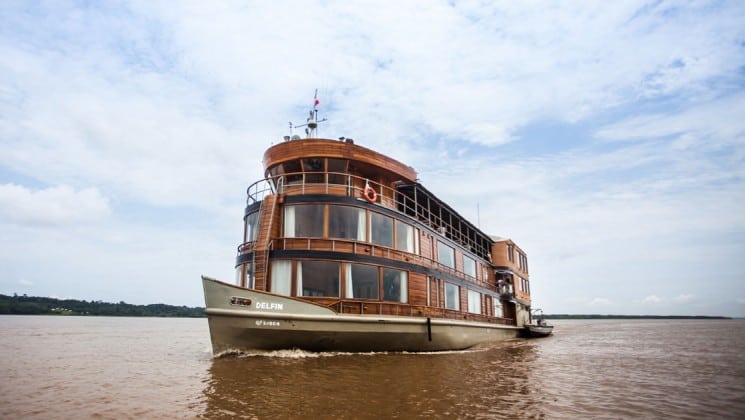 Full exterior of bow of Delfin II riverboat on the Amazon River