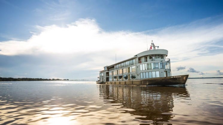 Exterior of bow and starboard side of Delfin III riverboat on Amazon River cruise