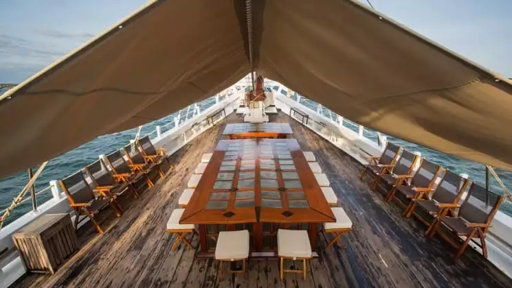 Katharina sailboat with outdoor dining on the deck, large table and chairs.