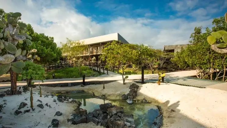 Walkways surrounded by cacti and trees around the exterior of Finch Bay Eco Hotel in the Galapagos Islands