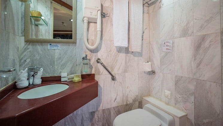 Galileo category C & B bathroom with vanity, amenities, hair dryer and toilet.