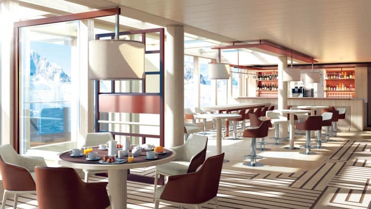 Rendering of dining lounge with tables, chairs, bar and large windows aboard National Geographic Resolution polar expedition ship
