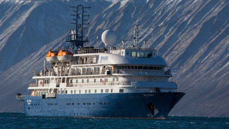 Full exterior of starboard side and bow of Sea Spirit polar expedition ship
