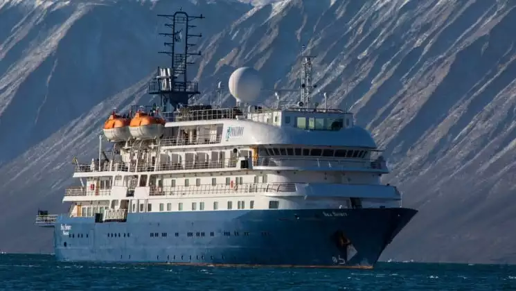 Full exterior of starboard side and bow of Sea Spirit polar expedition ship