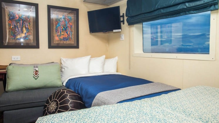 Safari Voyager Costa Rica small ship commodore suite with large bed, tv and picture on the wall and large window