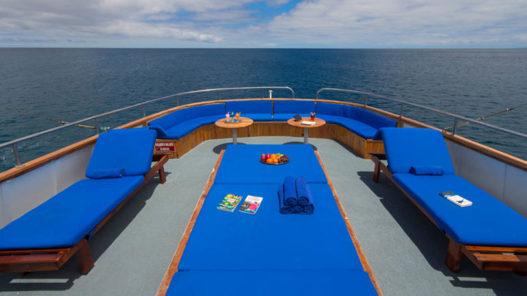 Sun deck aboard Beluga with lounge chairs and bed.