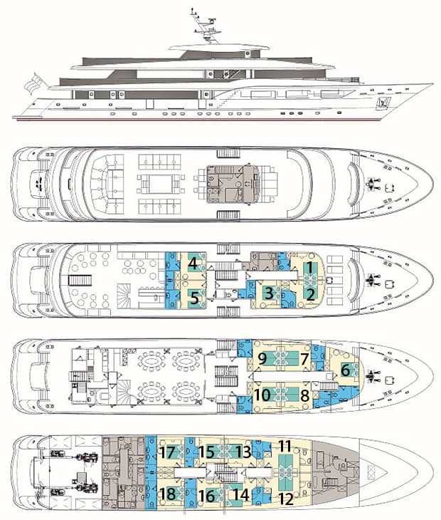 Black Swan small ship deck plan showing 4 decks and cabin categories.