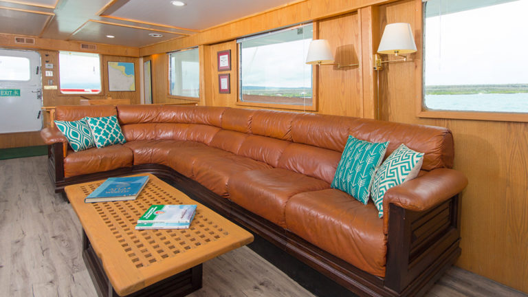 Living room with large couch aboard Cachalote Explorer.