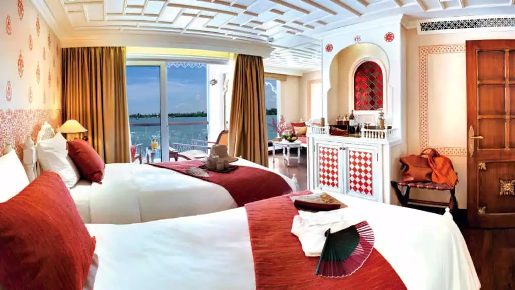 A Category 1 cabin aboard Jahan showcases the riverboat's luxury.