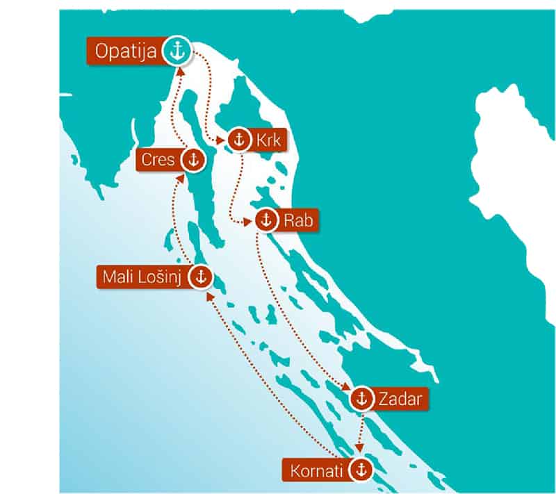 Route map of Croatia Island Hopper Dalmatia's Best Kept Secret cruise round-trip from Opatija with visits to Krk, Rab, Zadar, Kornati, Mali Losinj and Cres.