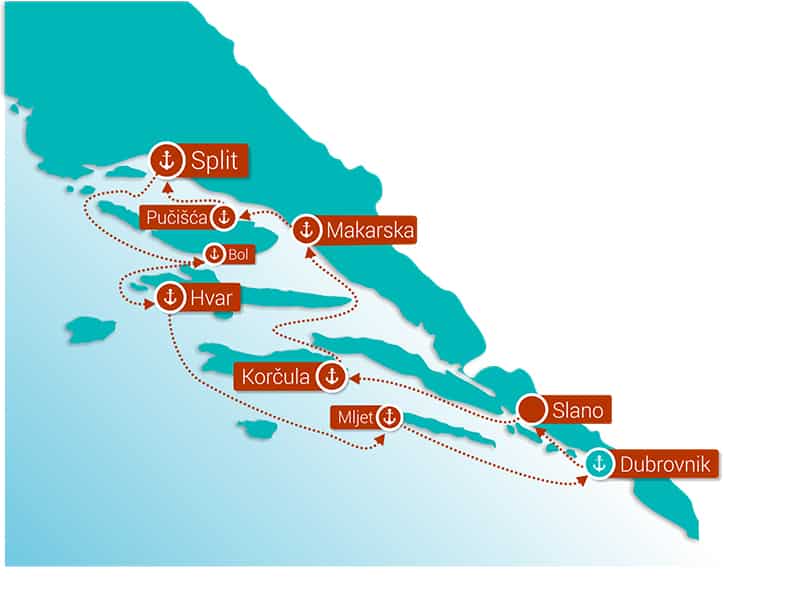 Route map of Croatia Island Hopper Divine Dalmatia cruise round-trip from Dubrovnik with visits to Mljet, Korčula, Split, Bol, Hvar & the Pelješac Peninsula.