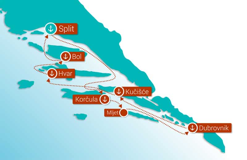 Route map of Croatia Island Hopper cruise between Split and Dubrovnik with Saturday departures.