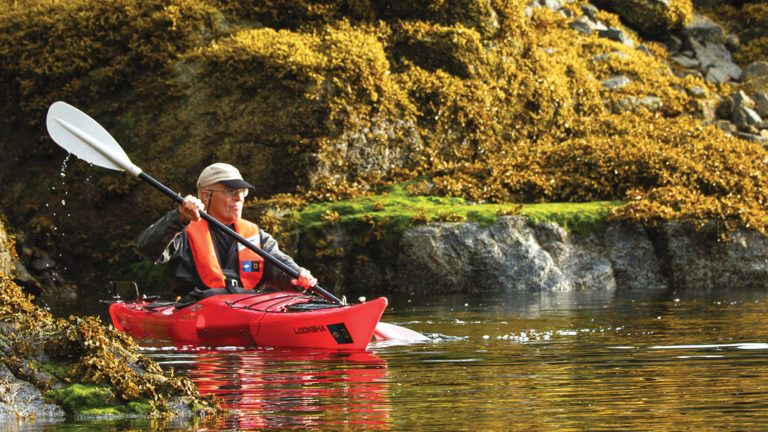 a traveler in a red kayak paddles through still waters in the san juan islands in the pacific northwest on a sunny day