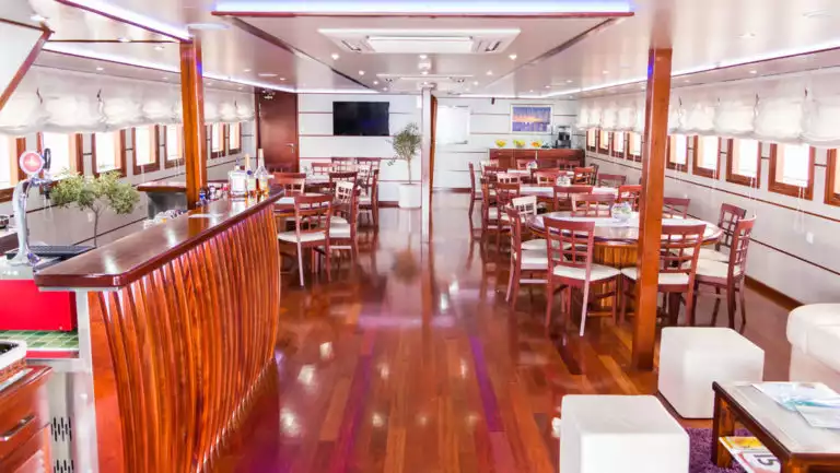 Small ship cruise Futura bar and dining room with tables, chairs and couch.