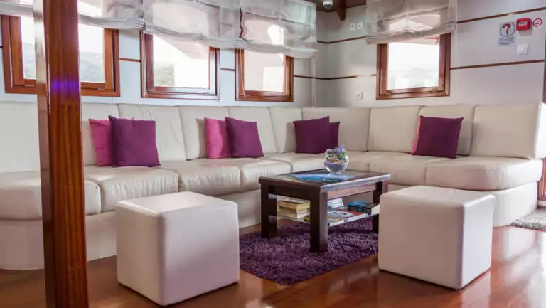 Small ship cruise Futura lounge with couch and coffee table.
