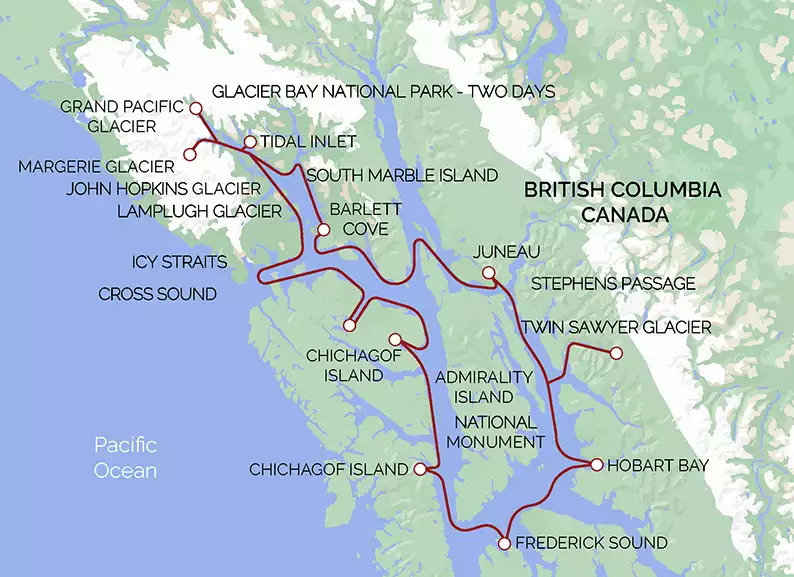 A red line on a green and blue map of the coastline of Alaska showing the route map of the Glacier Bay National Park Adventure Cruise, roundtrip from Juneau
