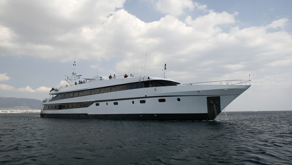 Harmony G yacht exterior anchored in the Mediterranean.