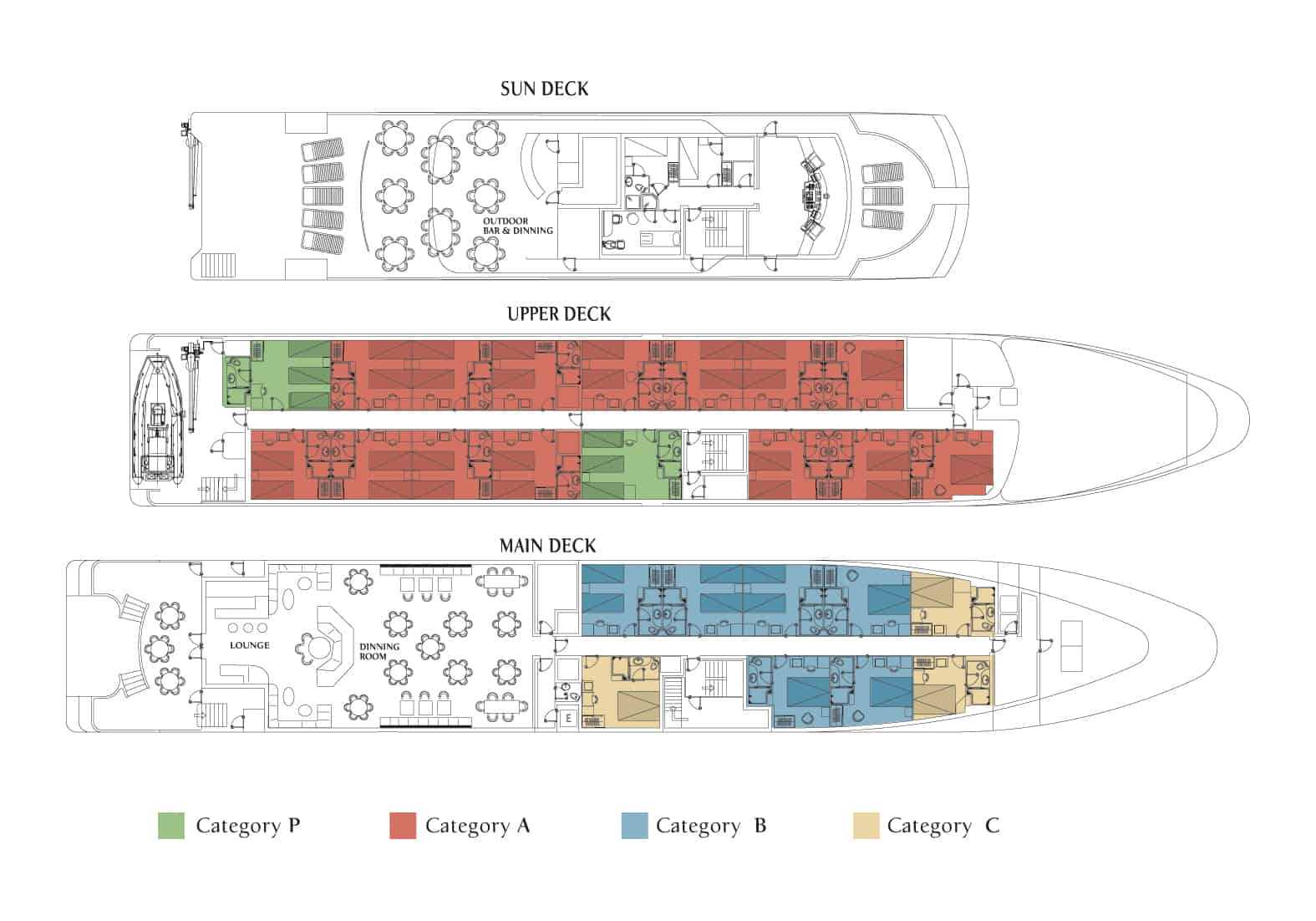 Harmony V Mediterranean yacht 3-floor deck plan.