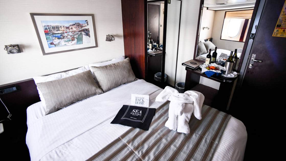 Harmony V yacht Category B stateroom with double bed, 2 windows, desk and reading lights.