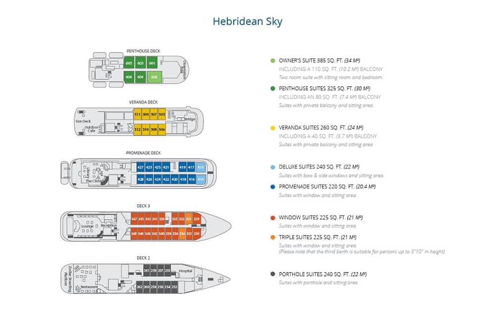 Deck plan of Hebridean Sky Antarctica expedition ship, showing cabins for 114 guests across 5 passenger decks.