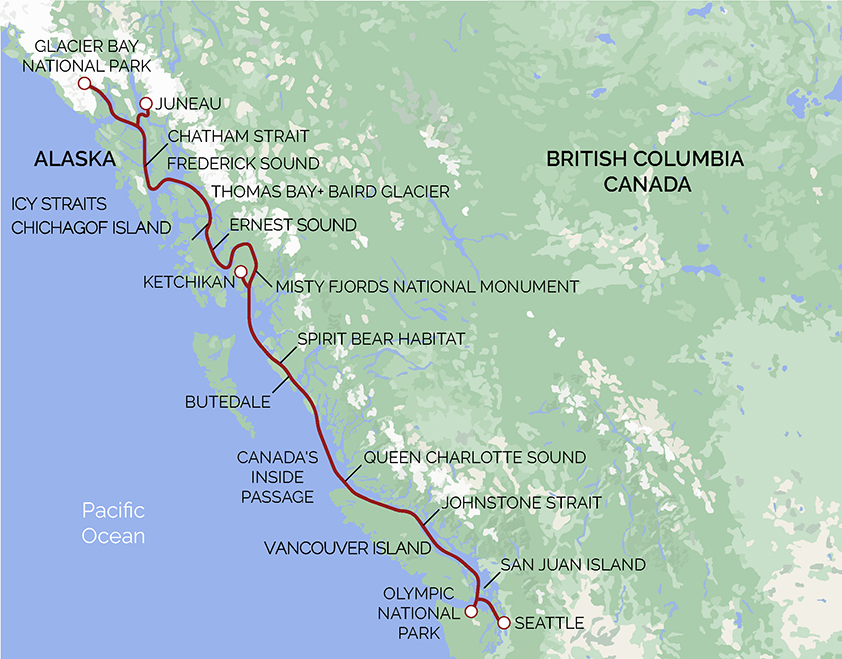 A red line on a green and blue map of the Pacific coastline between Seattle and Juneau showing the route the Inside Passage & Glacier Bay wilderness cruise.