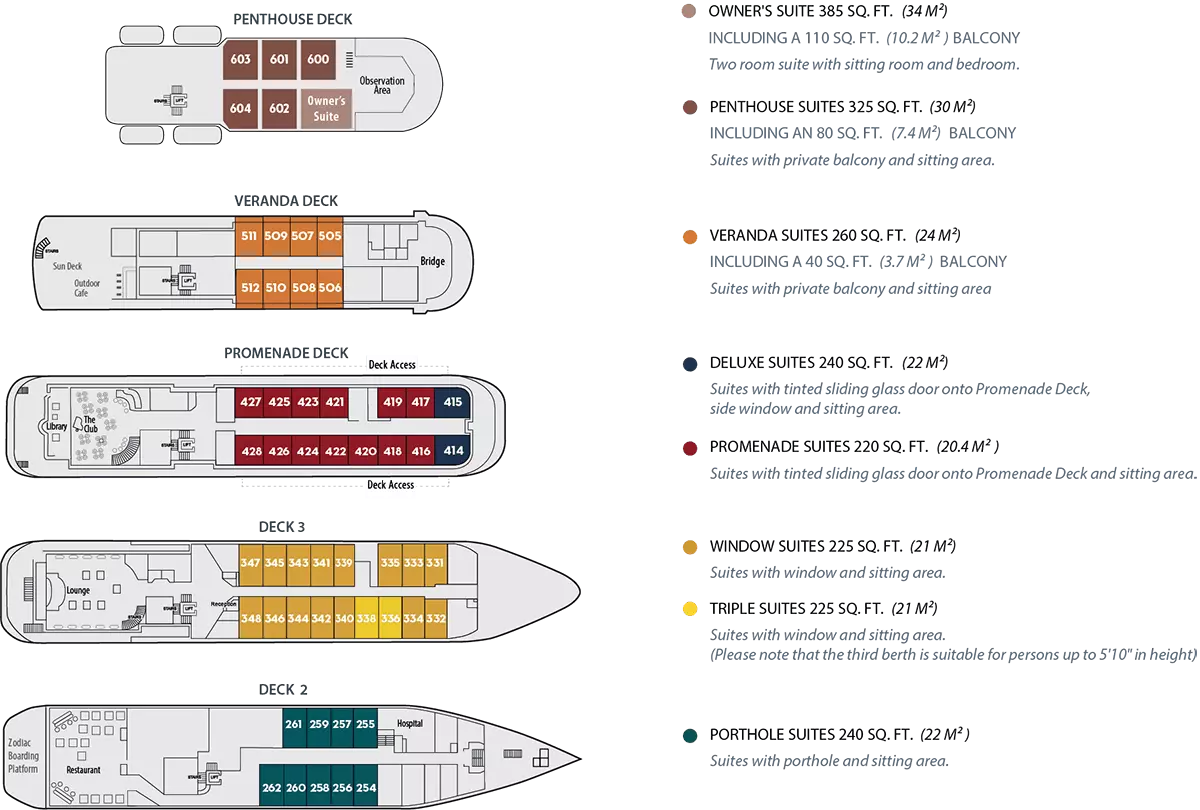 Deck plan of Antarctica small ship Island Sky with 5 decks & 8 cabin categories.