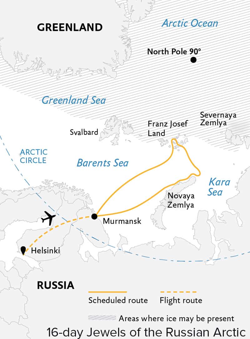 Jewels of the Russian Arctic: Franz Josef Land & Novaya Zemlya route map from Murmansk, Russia.