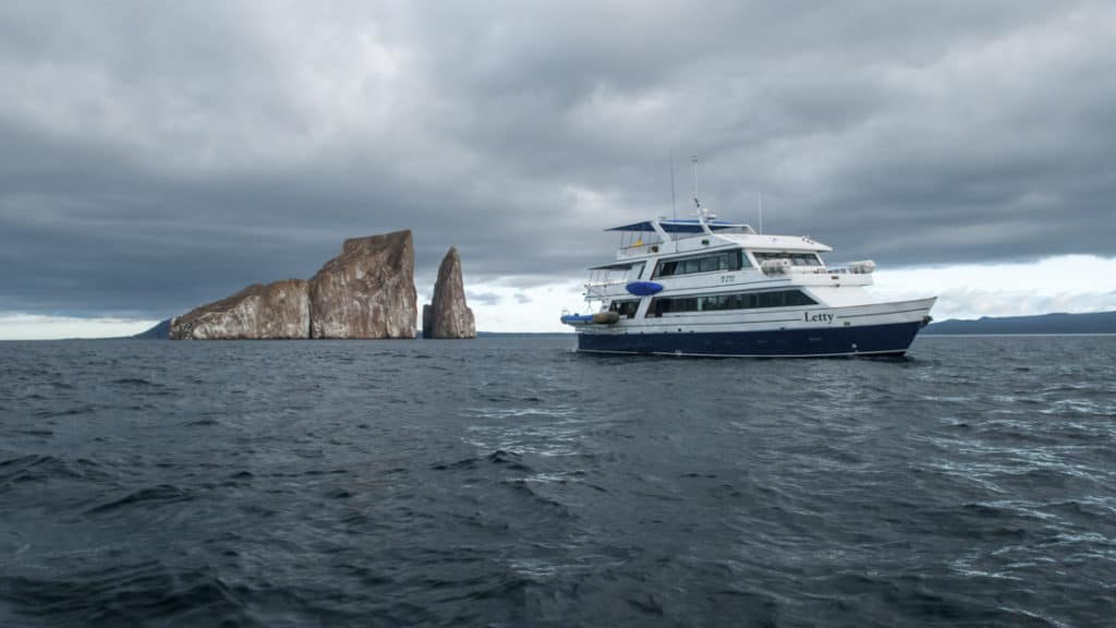 Letty anchored next to Pinnacle Rock in the Galapagos.