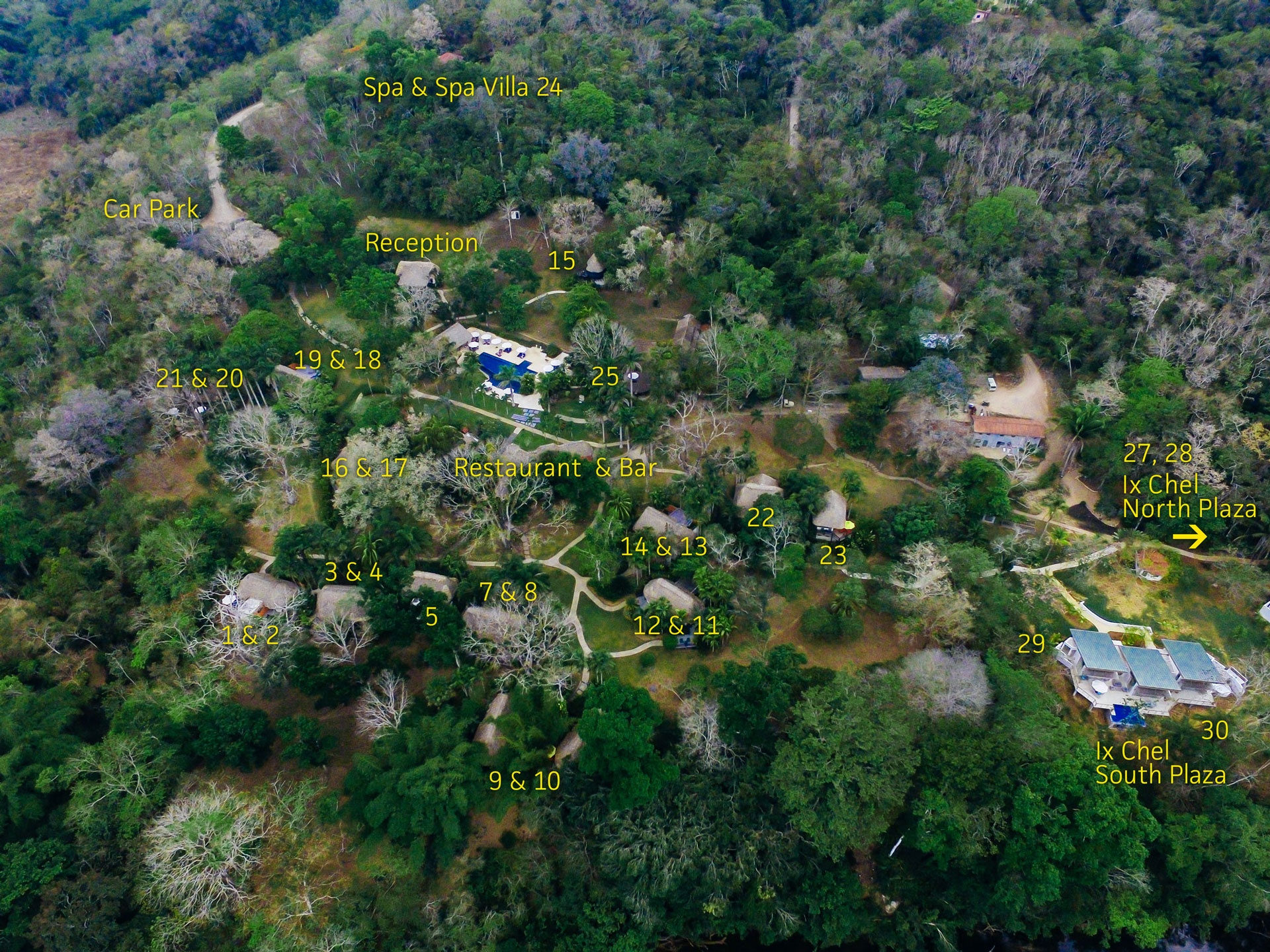 Aerial photograph of The Lodge at Chaa Creek in Belize, with 16 cottage rooms, 3 suites & 5 villas.
