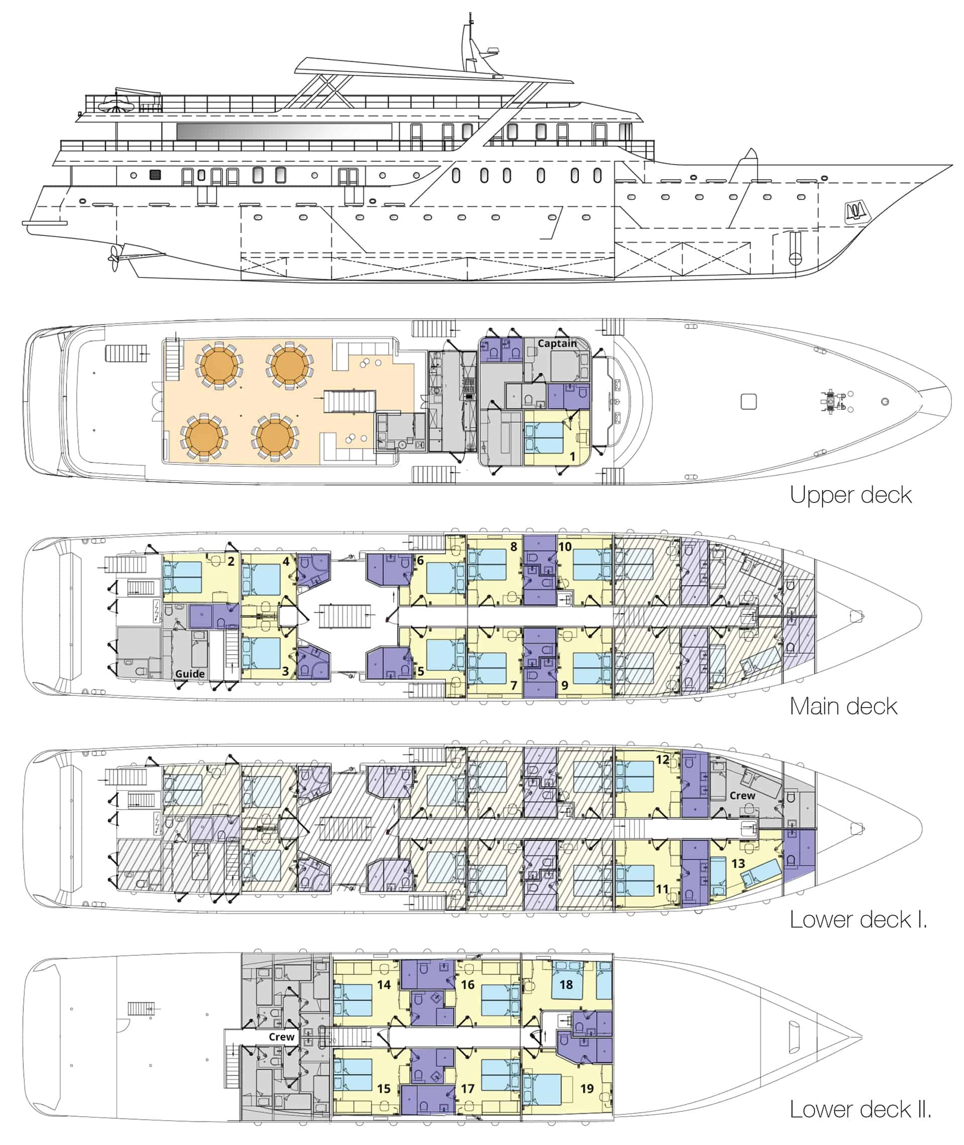 Deck plan of Nautilus deluxe Mediterranean yacht, showing four decks with guest cabins.