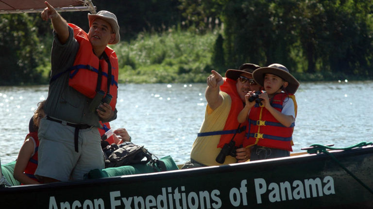 travelers point and take pictures during a jungle boat cruise on the panama family adventure land tour